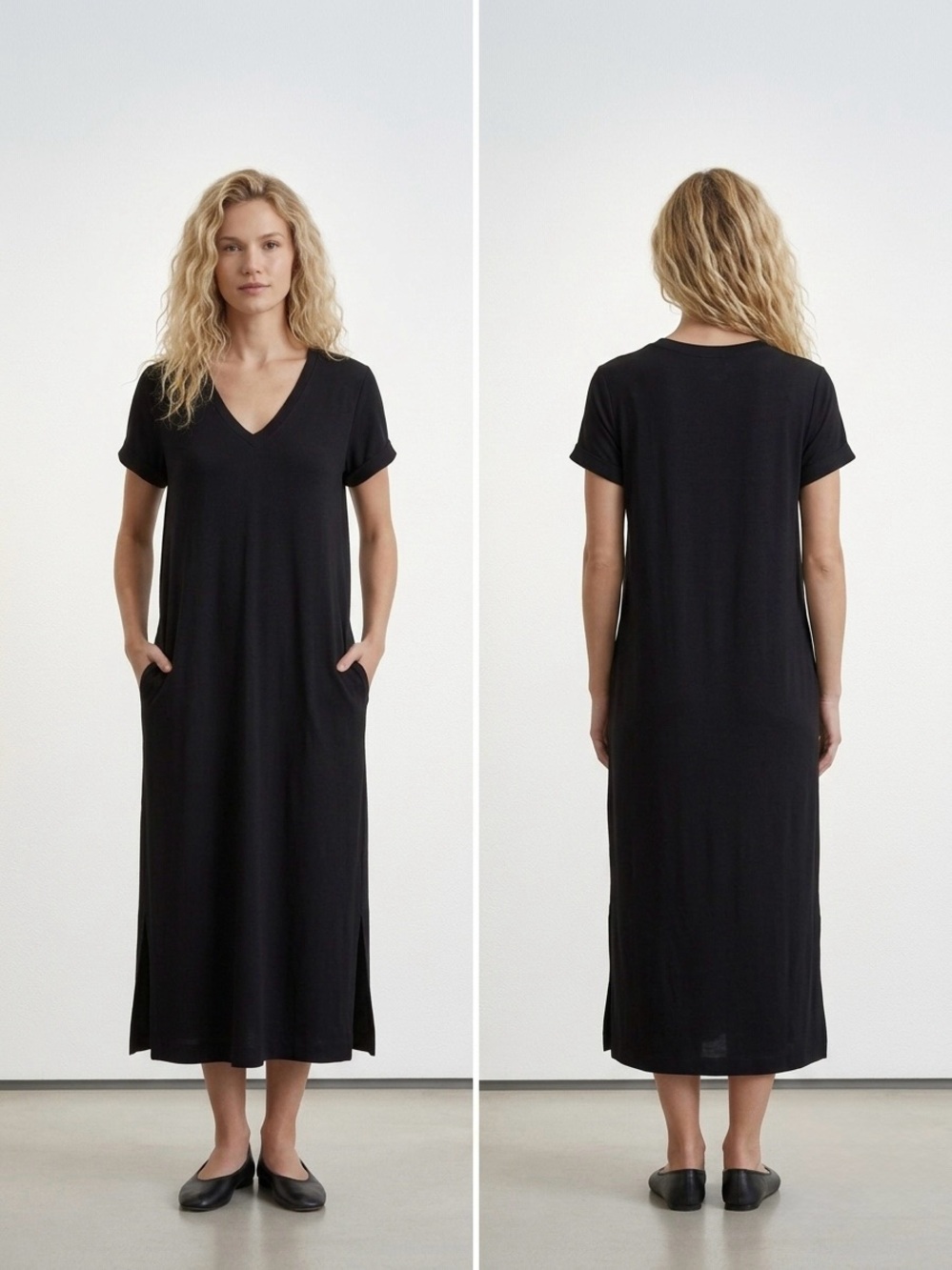 Donna Karan Black Modal V-Neck Maxi Sleepwear Gown Pockets S